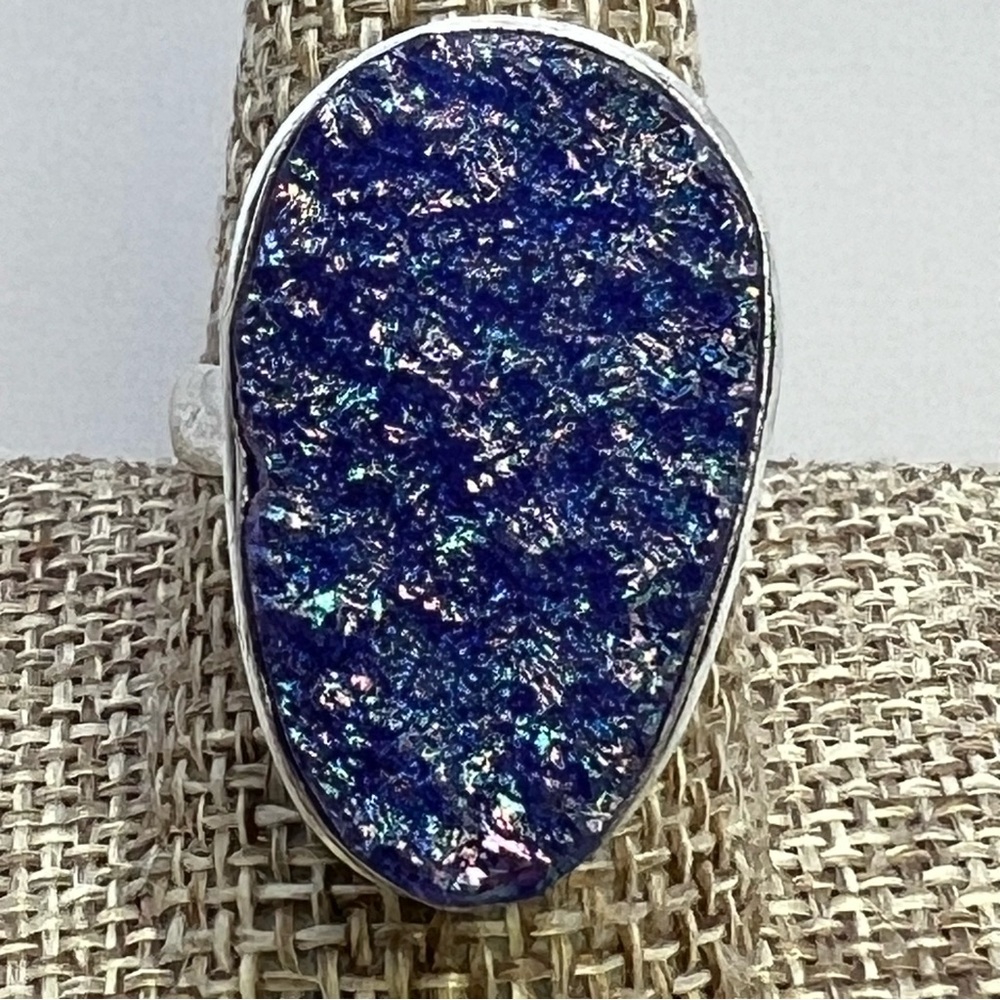 New Blue Titanium Druzy Crystal Stone Silver Overlay Ring Size 10